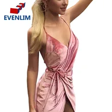 V neck pink velvet sexy dress women Evening party high split backless long dress Sundress with belt vestidos de festa DR1308