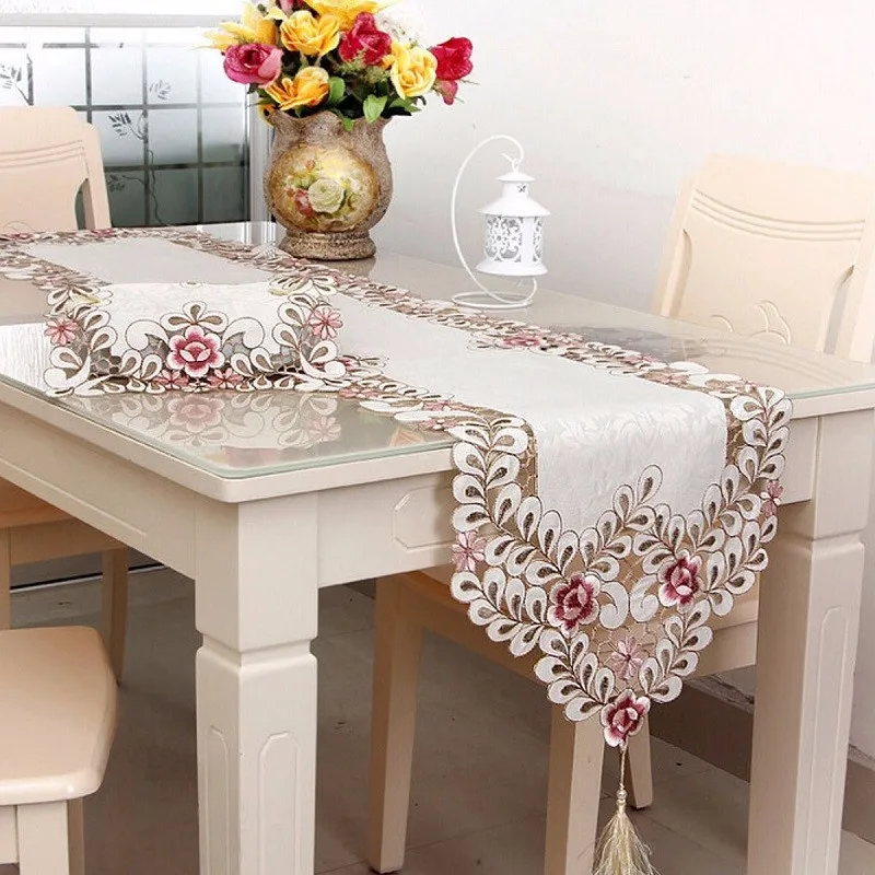 

European table runner embroidery elegant tablecloth embroidered rustic table runner wedding decoration cover beige dust cover