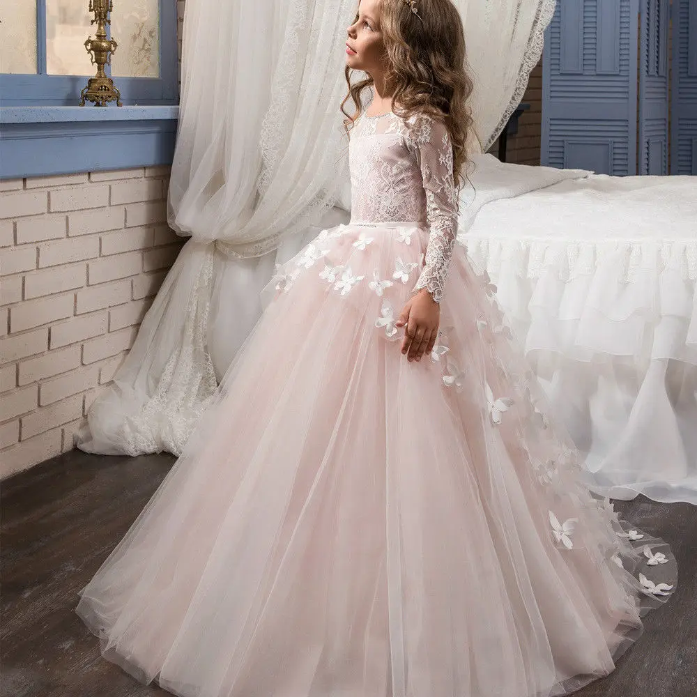 Элегантное кружевное бальное платье с фатиновой юбкой для девочек, платья с цветочным узором для девочек, с длинными рукавами и бабочкой, для свадьбы, милые детские платья принцессы