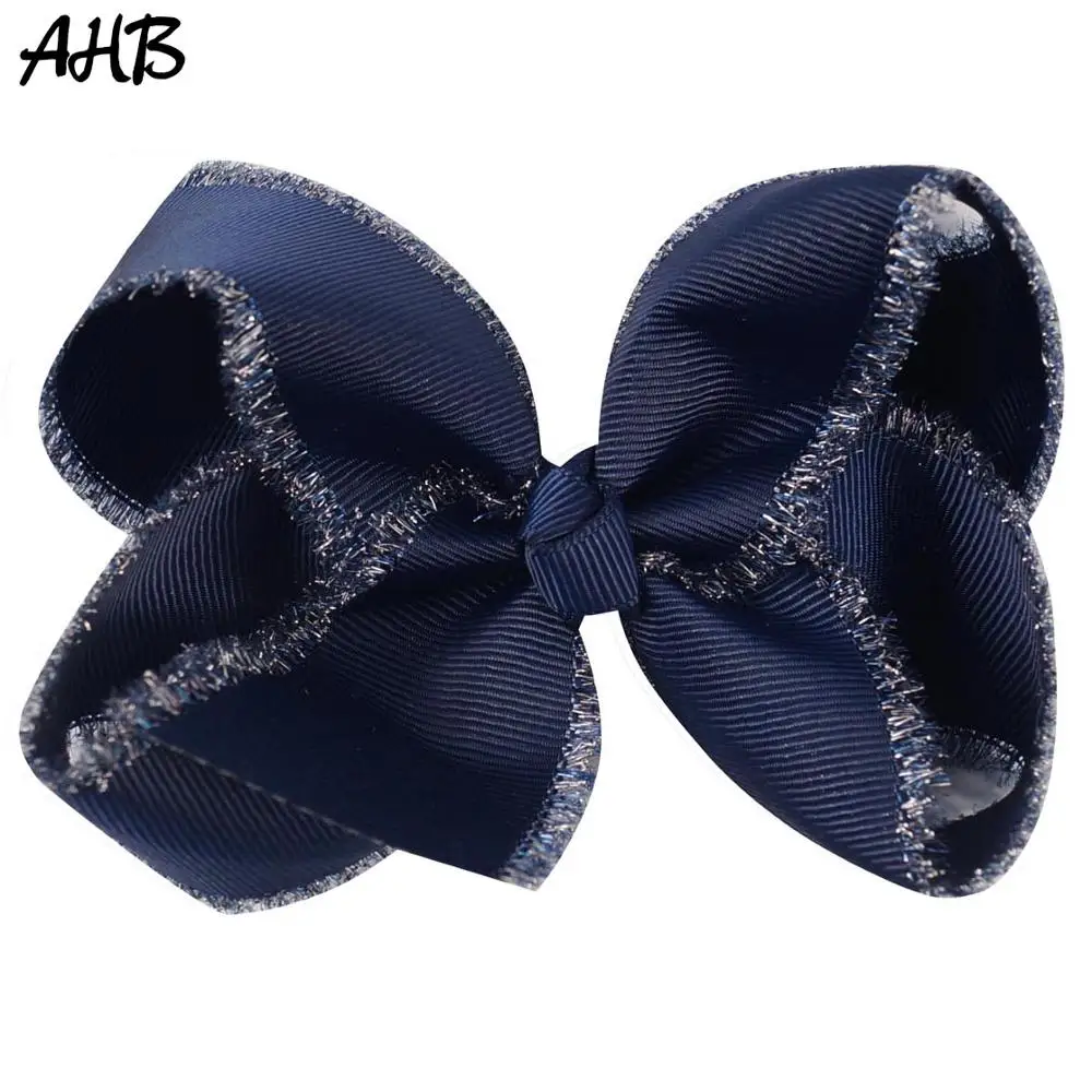 

AHB 4 Inch Fashion Hair Bows for Girls Grosgrain Ribbon Bowknot with Silver Brim Hair Clips for Girls Kids Hair Accessories