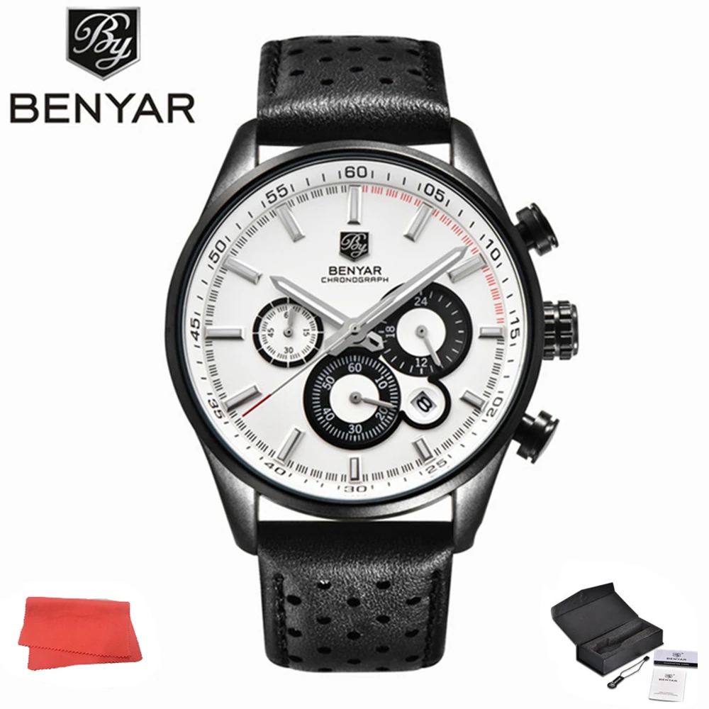 BENYAR Watch Men Outdoor Chronograph  Quartz Watch Mens Sport Military Watches   Leather Strap Male Wristwatch Waterproof Clock