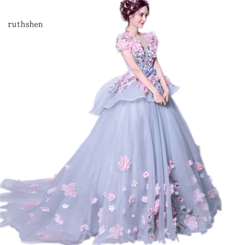 

ruthshen Luxury Evening Dresses 2018 3D Floral Ruffles Sexy Formal Prom Gowns With Short Sleeves Speicial Occasion Dresses