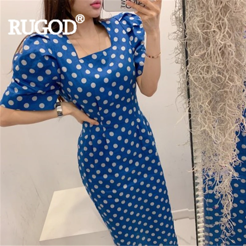 

RUGOD Maxi sheath dress dot print elegant puff sleeve square collar short sleeve bodydress 2019 new fashion female vintage