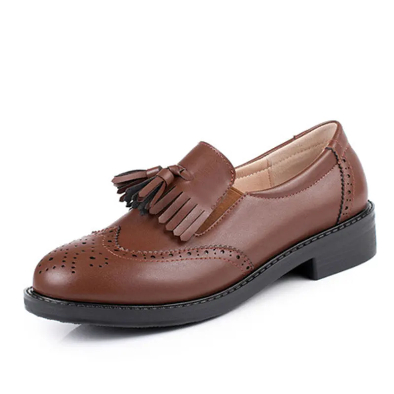 

Womens Genuine Leather Perforated Tassel Oxfords Brogue Wingtip Derby Saddle Shoes for Girls Ladis Party Office Casual Shoes