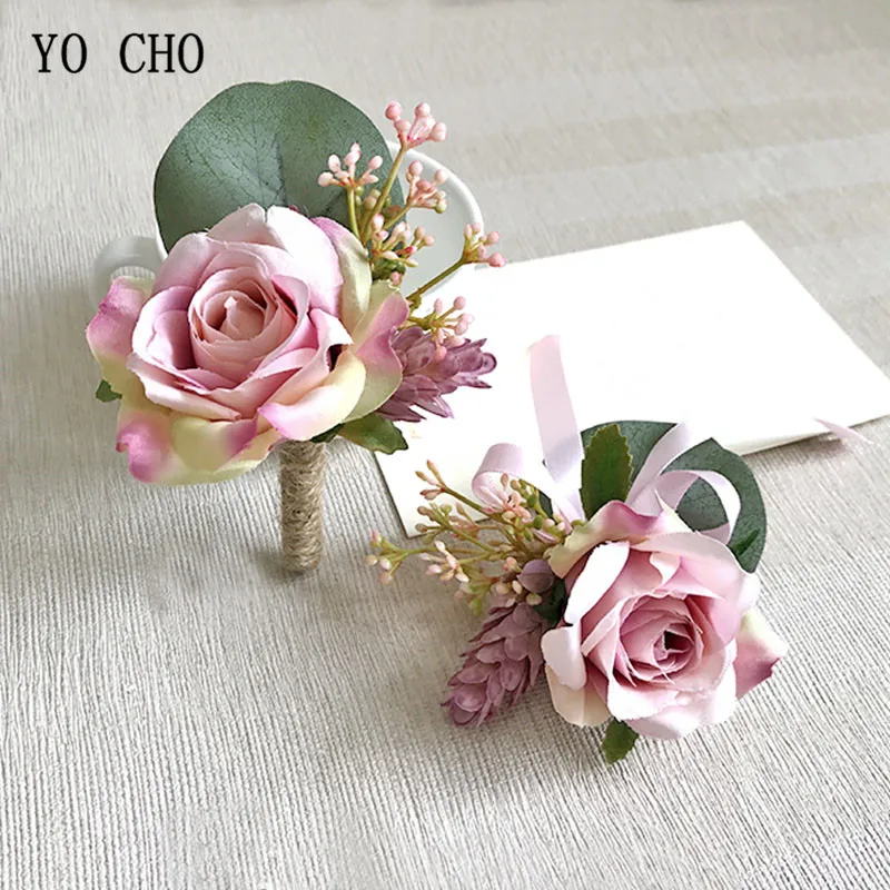 

YO CHO Rose Wrist Corsage Bracelet Bridesmaid Silk Flowers Pink Wrist Corsage Supplies Wedding Groom Boutonniere Mariage Flowers