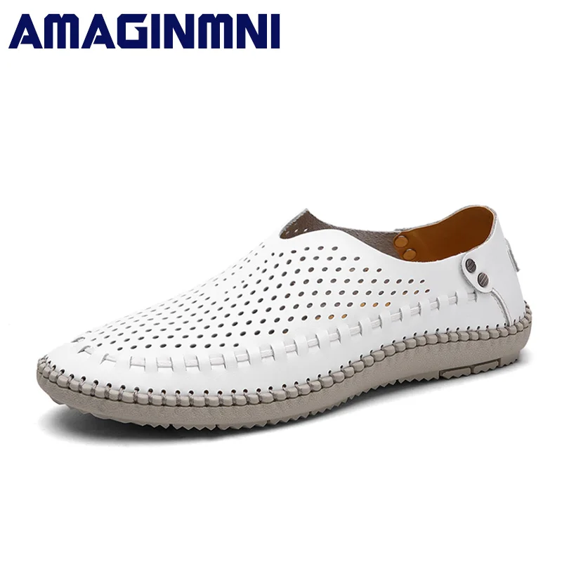 

AMAGINMNI Summer Causal Shoes Men Loafers Genuine Leather Moccasins Men Driving Shoes Breathable High Quality Flats shoes men