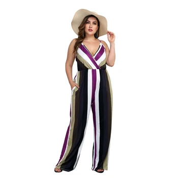 

2019 Fashion striped V Neck long jumpsuit Summer Sexy Sling overalls Slim Plus Size Ladies jumpsuits romper