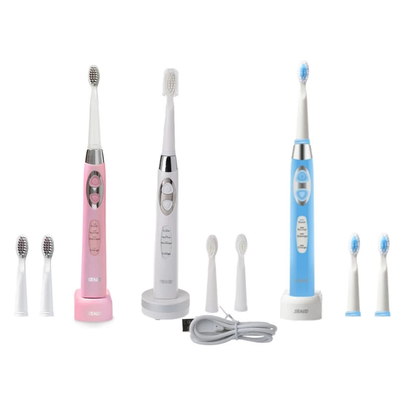 

SEAGO Waterproof Rechargeable Electric Toothbrush Set Sonic USB Charging Toothbrush with 3 Replacement Brush Heads