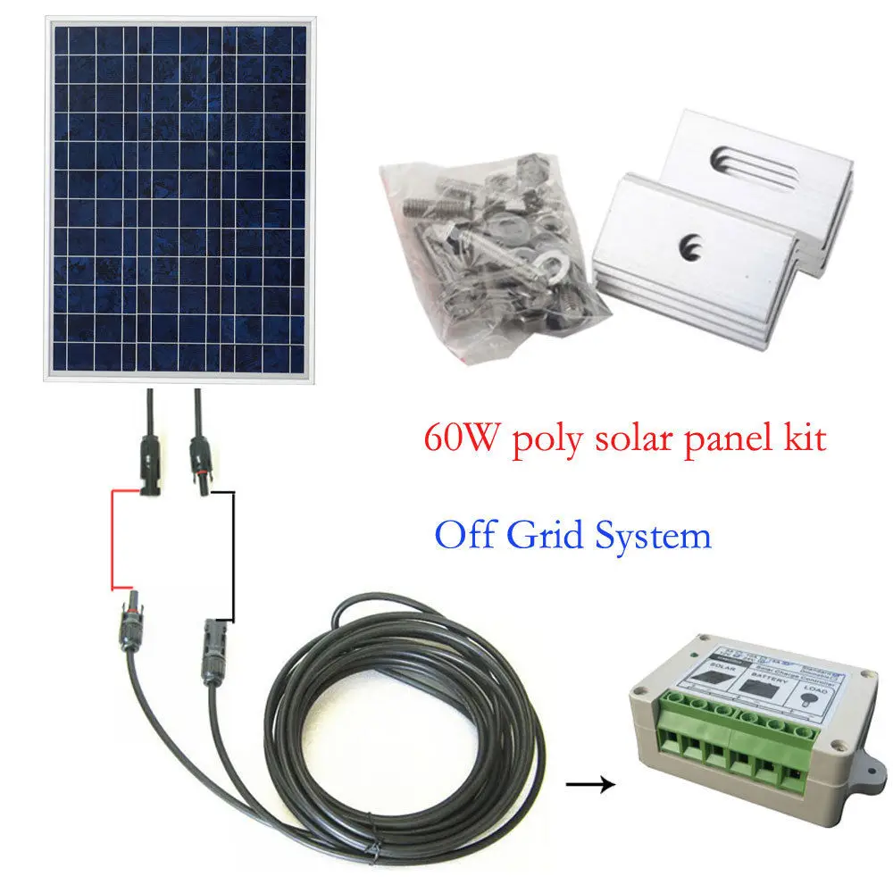 60Watt OFF GRID COMPLETE KIT: 60W Poly Solar Panel for 12V System Cabin RV Boat