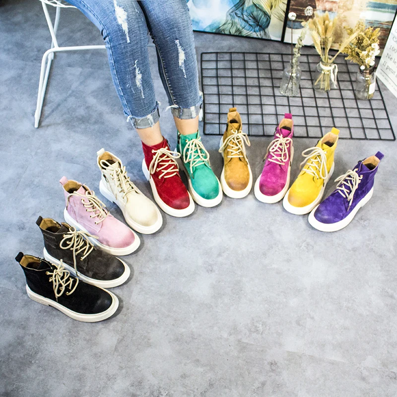 

Spring Frosted Pig Split Leather Martin Boots Female Casual Boots Fashion Preppy Style Women's Shoes Round Toe 10 Candy Colors