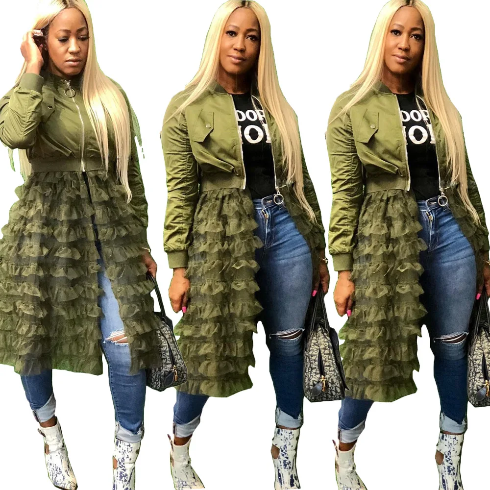 النساء الخريف الشتاء كم طويل جاكيتات أزياء شبكة خليط سستة المعاطف