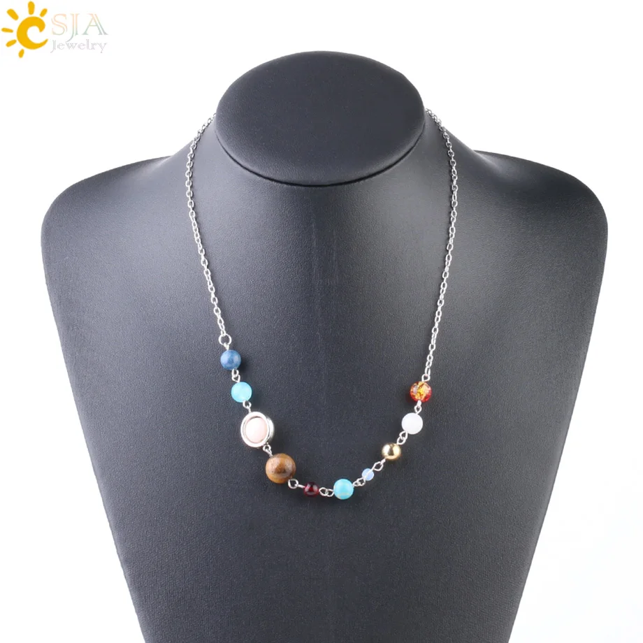 

CSJA Solar System Planets Choker for Women Silver Color Short Statement Necklace Natural Stone Universe Galaxy Beads Collar S238