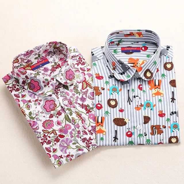 Dioufond Cotton Print Women Blouses Shirts School Work Office Ladies Tops Casual Cherry Long Sleeve Shirt Women Fashion Clothing