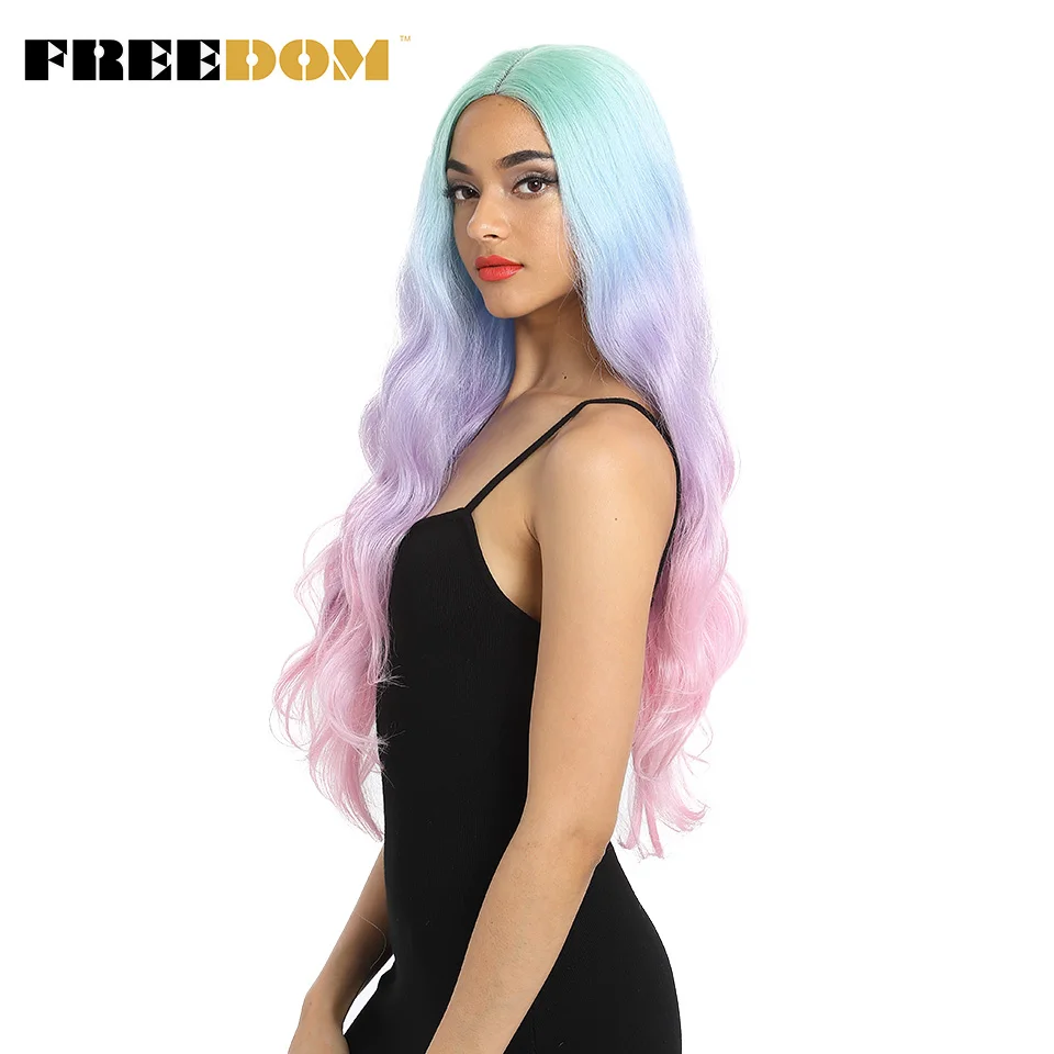 Pelucas delanteras de encaje sintético libertad onda Natural larga 30 pulgadas Omber Arco Iris Color rosa pelucas de pelo resistente al calor Cosplay de fibra pelucas