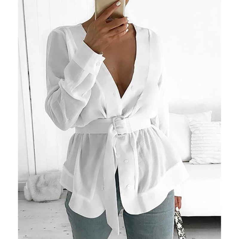 

LASPERAL Women 2019 White Chic Tunic Shirt With Belt V-neck Blouse Long Sleeve Peplum Sexy Top OL Workwear Mujer Blusas Shirts