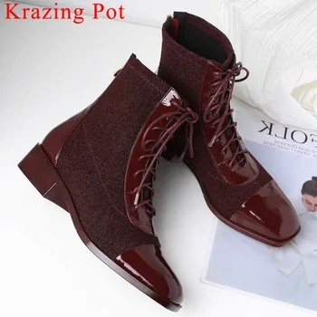 

Vintage british school low heels zipper cow patent leather knitting young girls square tro bowtie new fashion mid-calf boots L31