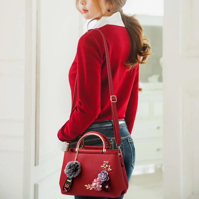 Women Flower Leather Handbag Holiday Female Pompom Clutch Bags Lady Travel Casual Shoulder Bag Exquisite Crossbody SS7001 (21)