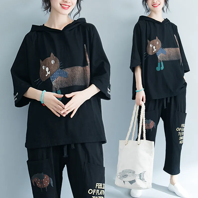 

Plus Size 4XL 2018 Summer Women Fashion Kawaii Cat Letter Tops Ladies Female Large Big Short Sleeve Cotton Loose Hood Sweatshirt