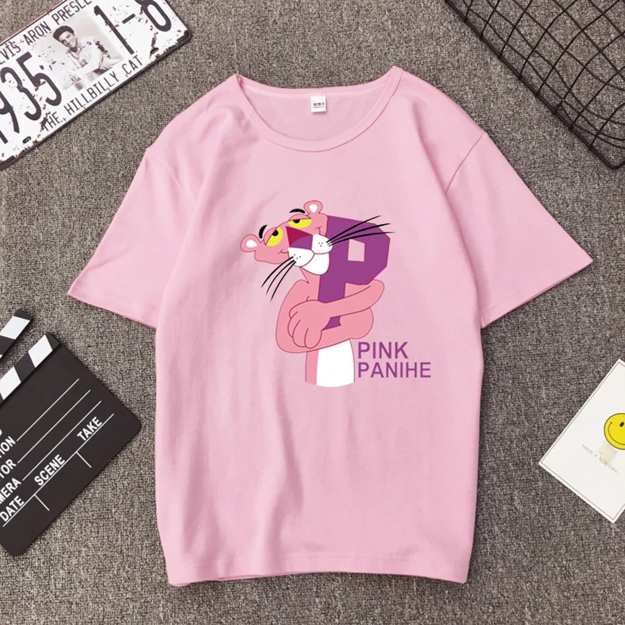

Summer T shirt women Popcorn Pink Panther printing korean clothes harajuku T-shirt Short Sleeves tshirt Tops Tee plus size shirt