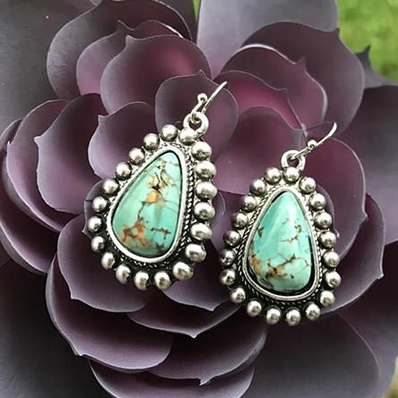

Bohemian Vintage Water Drop Blue Stone Earrings For Women Ethnic Antique Silver Dangle Earrings Pendientes Feminino Gift Z3J730