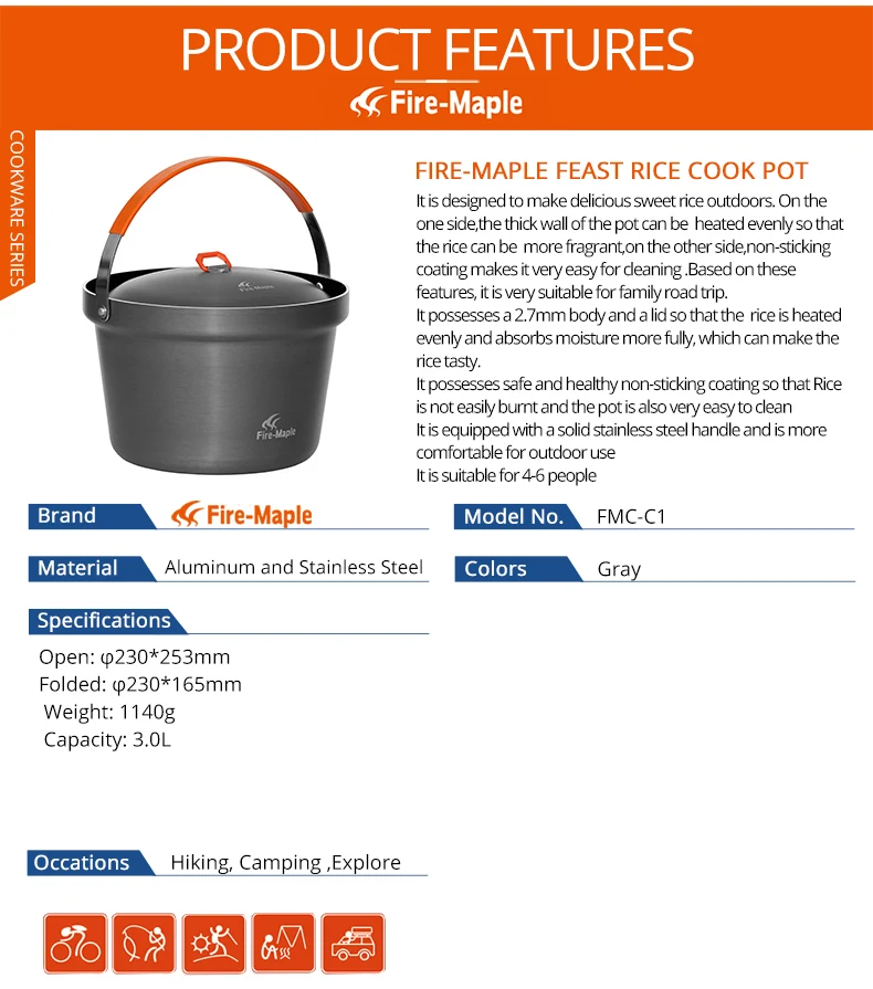 Огонь-клен праздник рисоварка 3л портативный горшок Открытый Кемпинг приготовление пищи для пикника Посуда огонь 1140 г FMC-C1