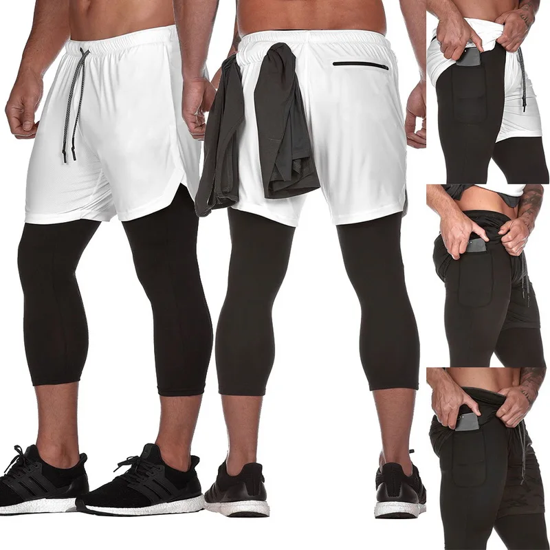

MoneRffi 2019 Men 2 in 1 Joggers pants Built-in Pockets Hips Hidden Zipper Pockets Sports Fitness trousers drawstring mens pant