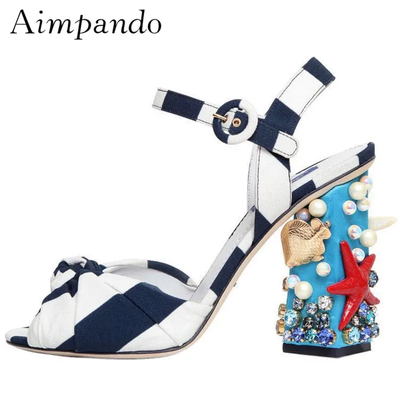

Novelty Starfish High Heel Sandals Ankle Strap Striped Open Toe Bowknot Chunky Heel With Shell Decor Beach Sandalias Mujer