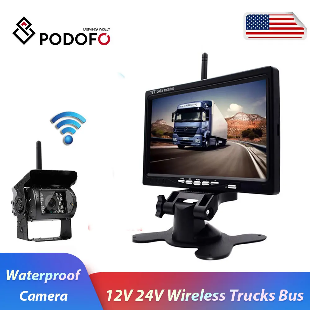 Podofo 12V 24V Беспроводная 7 &quotHD TFT LCD Автомобильная камера заднего вида монитор +