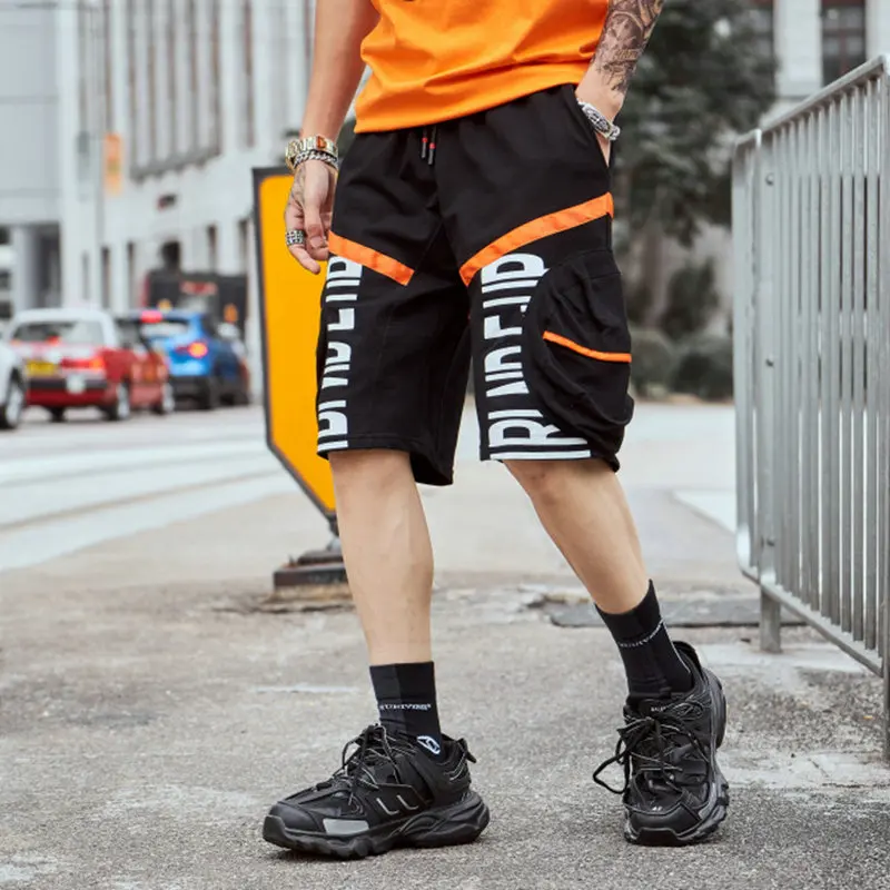 2019 новый летний полосой карманы Для мужчин пот шорты-бермуды хип-хоп Письмо печати Повседневное уличная мода свободные мужские короткие