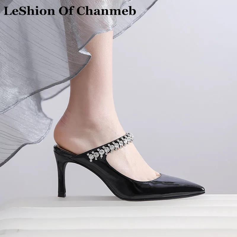 

2019 sexy thin high heels pointed toe patent leather mules women's bling bling crystal jewelry party pumps ladies slip ons mules
