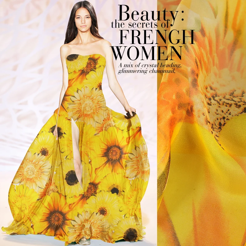 

Sunflower Digital Printed Silk Chiffon Fabric For Summer Silk Dress 6m/m 135cm