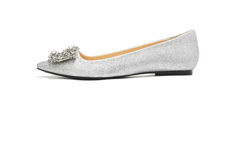 Туфли на плоской подошве на заказ женские тонкие свадебные туфли серебристого цвета к свадебному платью с острым носком и квадратной пряжкой Новинка года