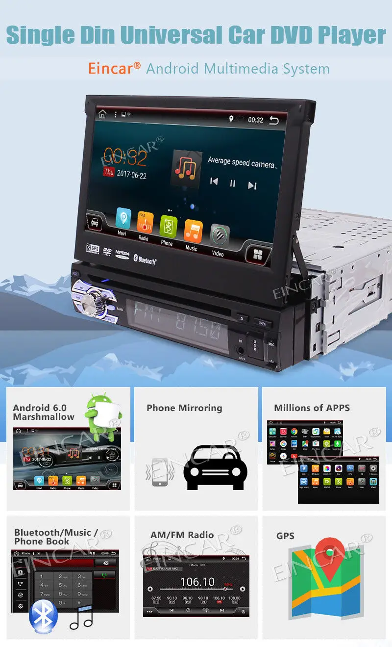 Top Eincar 7"Android 6.0 Single din 1 DIN Car Radio CD DVD Player in dash car styling GPS WIFI 4G 3G Bluetooth+Free bakeup camera 1