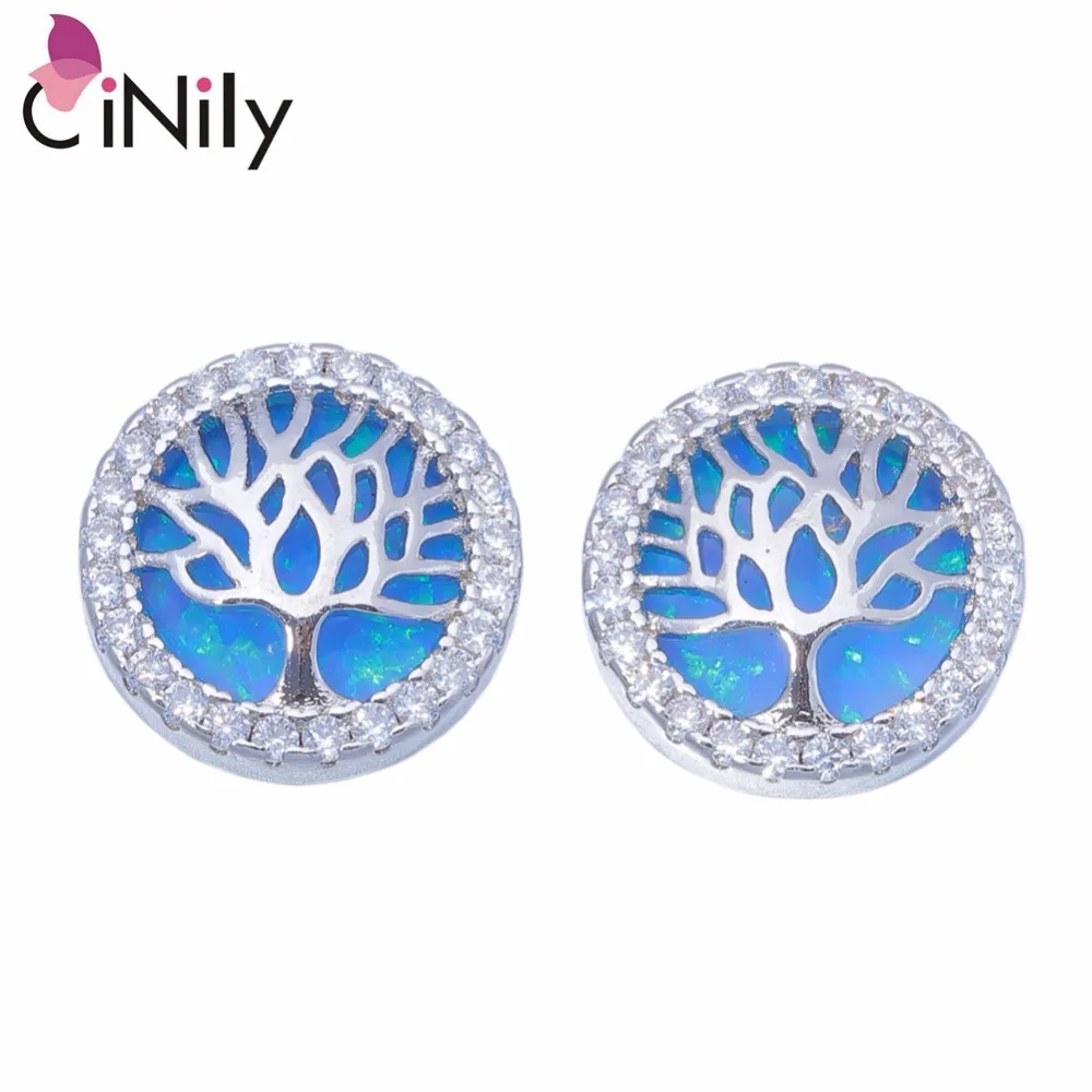 CiNily Дерево жизни синий и белый камень огненный опал гвоздики посеребренные серьги круглый инкрустированный фианитами серьги весенние ювелирные изделия женщина девушка