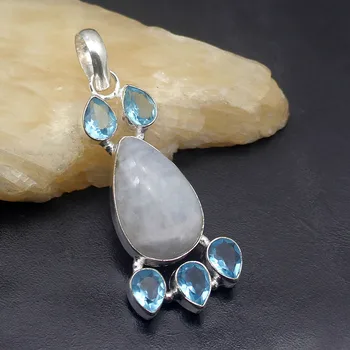 

Hermosa Fantasy Natural White Moonstone BlueTopaz Necklace Pendant Charms 2 1/4 Inch A594