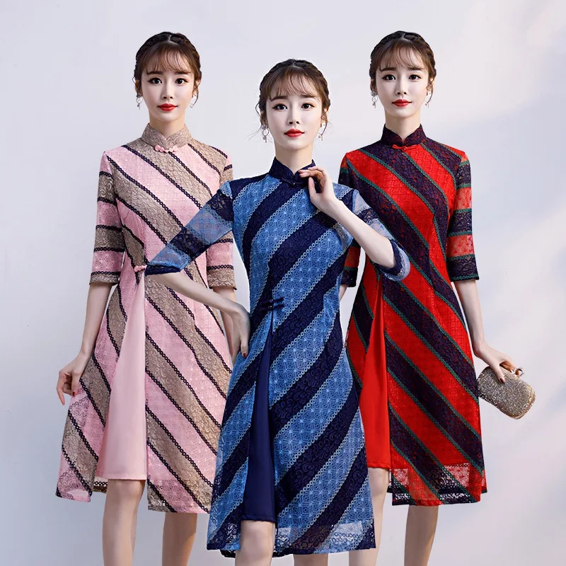 Мода аозай по колено Cheongsam Китайский Стиль Мандарин воротник платье женское летнее кружевное Qipao тонкое вечернее платье Vestido