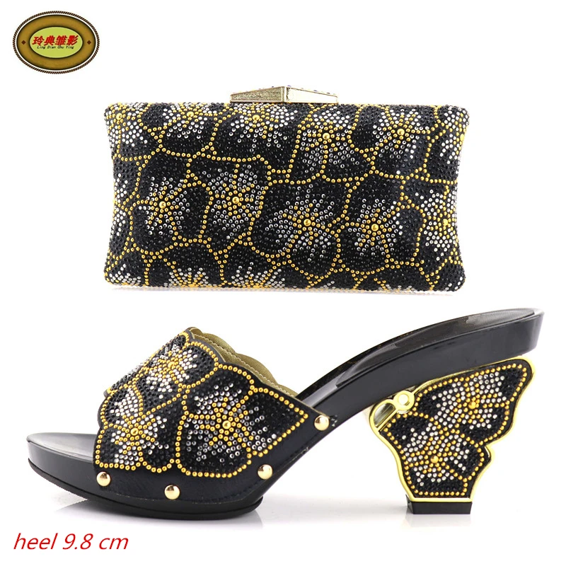 

YH10 Black Special African Shoes And Bag Set Fashion Rhinestone Woman Pumps Sandals High Heels For Wedding