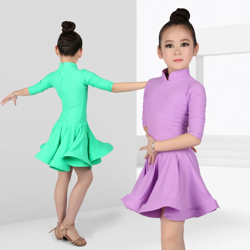 

New Red Spandex Stand Collar Latin Dance Dress Girls Children Kids Half Sleeve Back Zipper Ballroom Dance Costumes Slim