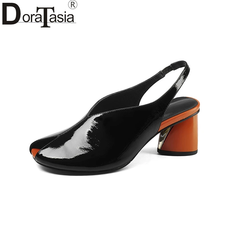 

DoraTasia Brand New Genuine Leather Elastic Band Square High Heels Shoes Woman Casual Summer Sandals Big Size 34-41