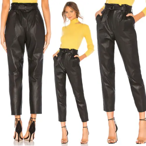 

2018 Autumn White Women's Paperbag PU Leather Stretch Trousers Ladies Pants High Waist Black Stretch Pencil Pants Female