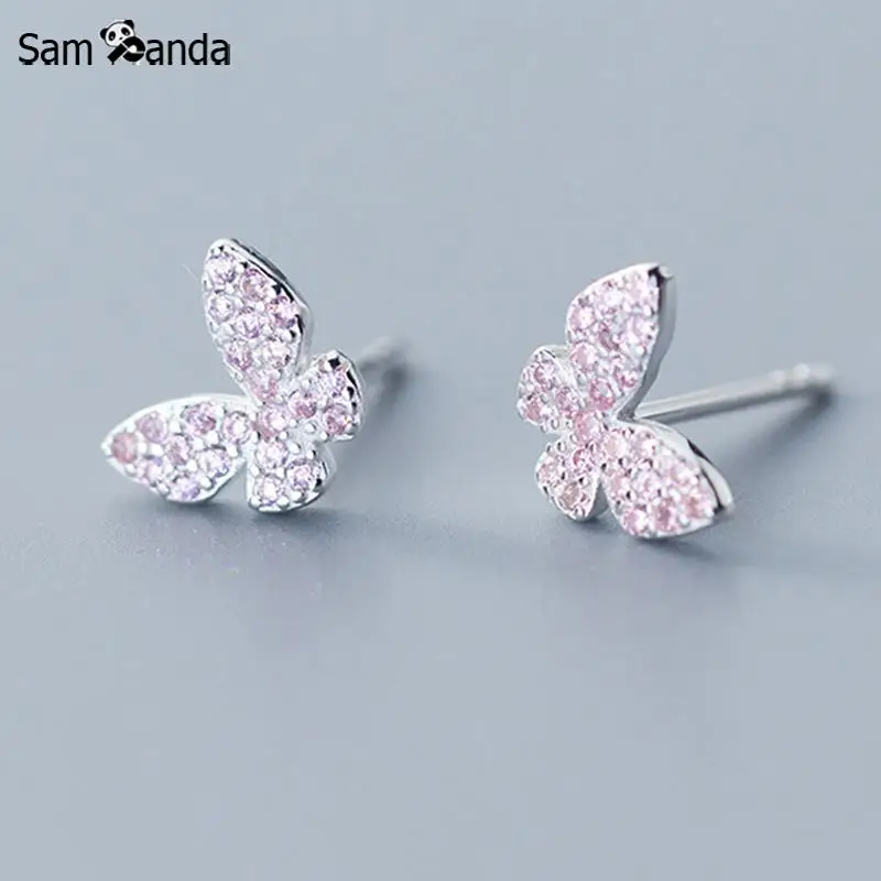 

New Authentic 925 Sterling Sliver Pink Butterfly Stud Earrings Women Simple Anti Allergic Earrings Cute Girls Chrismas Gift