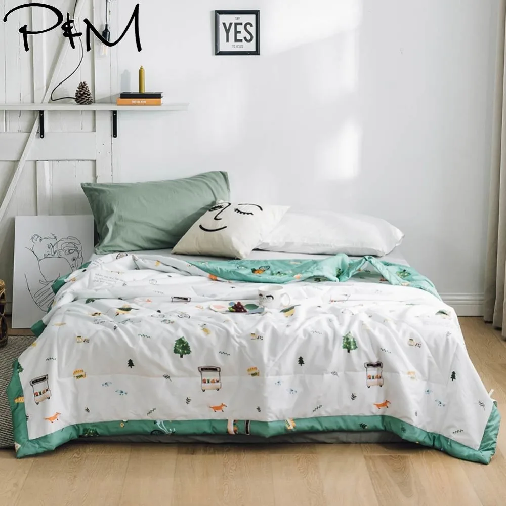 

2019 Fox Trees Cars Green Stitching Comforter Summer Quilt Cotton Fabric Quilting Blanket Twin Full Queen Size Bedspread