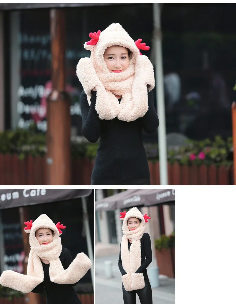 Women New Scarf Gloves Three-Piece Set Fashion Christmas Deer Plush Cartoon Hat Cute Sweet Wild Plus Velvet Scarf SN40 (4)