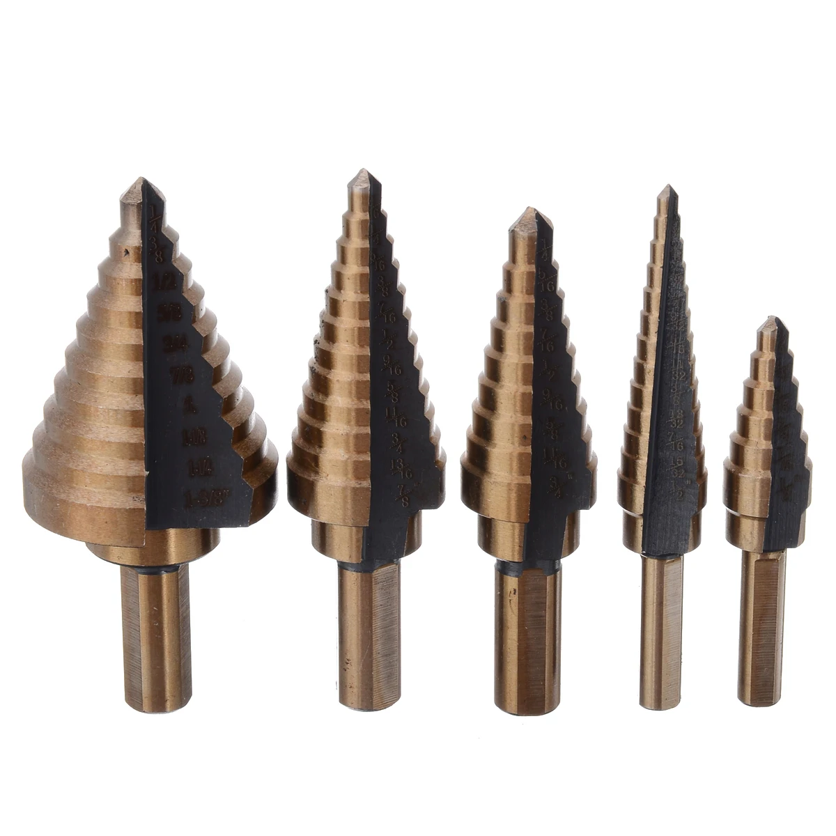 

PDTO 5pcs HSS Titanium Cone Step Drill Hole Cutter Bits Set with Aluminum Case 50 Sizes Step Power Tool Drill Bit High Quality