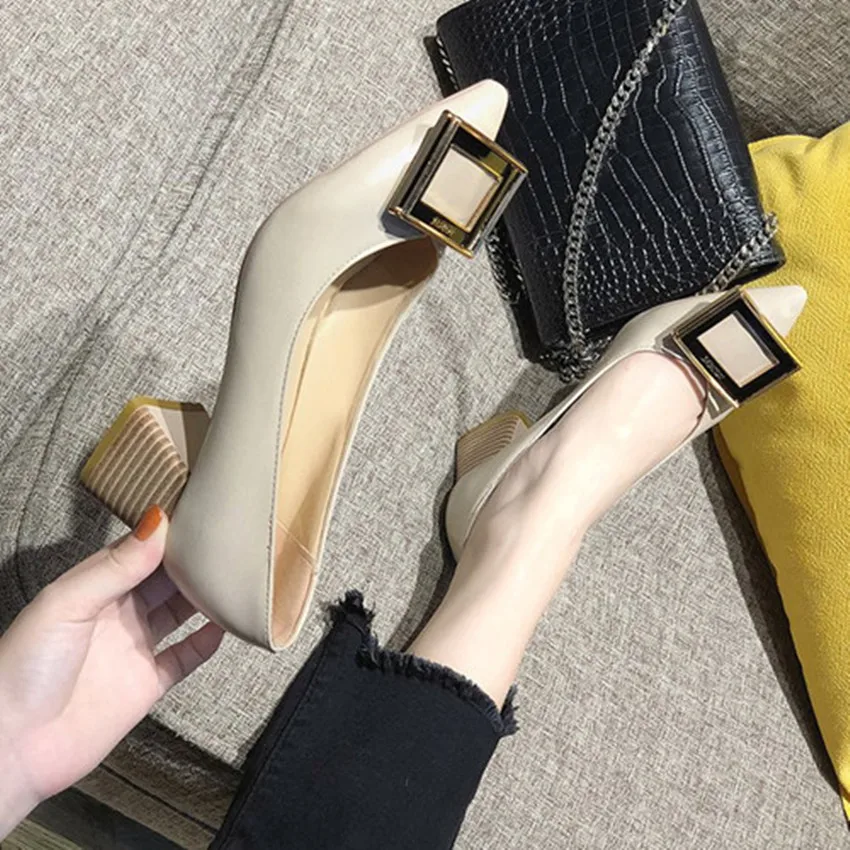 

Women's shoes pumps 2018 new styles autumn square toe buckles thick and shallow high heels, professional shoes.