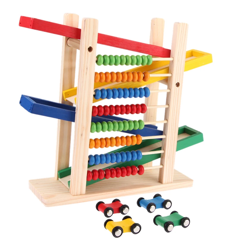 Wooden Fun Slippery Car Toy with Abacus 4 Cars Moving Sliding Abacus Children Educational