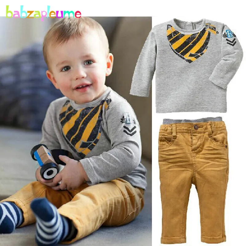 Весенне-Осенняя детская одежда из 2 предметов для 0-5 лет Повседневная футболка с длинными рукавами+ штаны, костюмы для маленьких мальчиков, изысканные комплекты детской одежды, BC1237