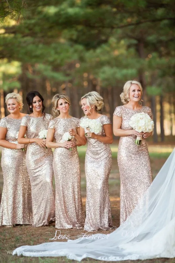 Spring Short Sleeve Long Gold Bridesmaid Dress Robe Demoie D Spring Short Sleeve Long Gold Bridesmaid Dress Robe Demoie D Honneur Sparkly Sequined Y Bridal Party For In Dresses From