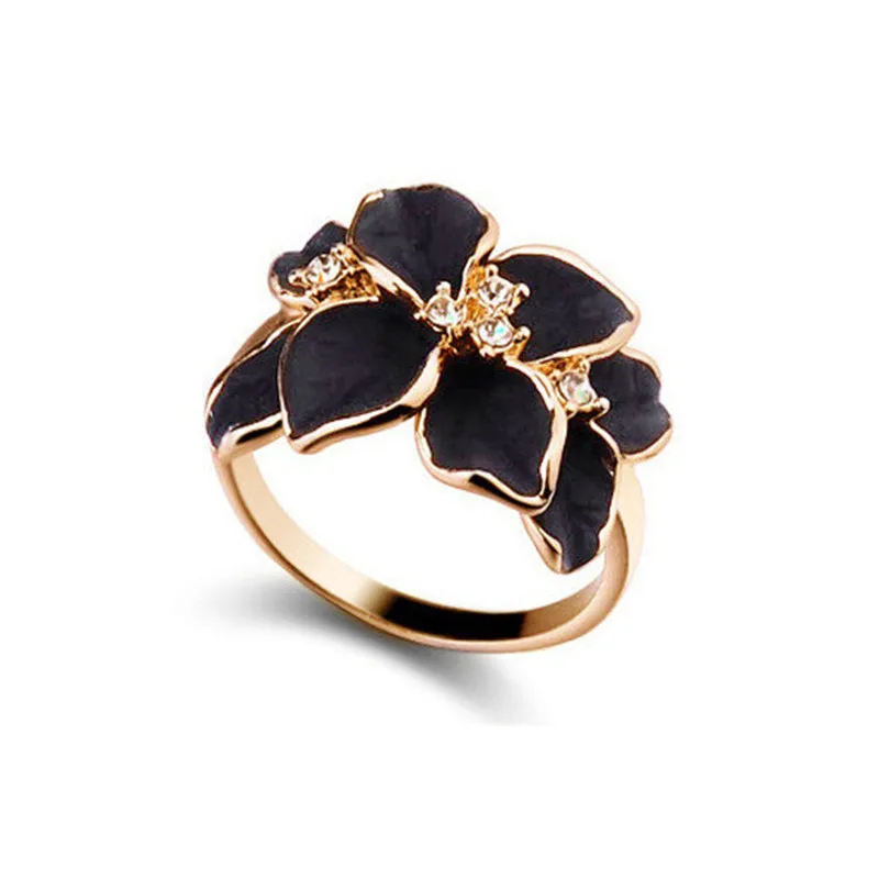 QCOOLJLY Hotting Sale Jewelry Ring With Rose Gold Color Austrian Crystal Black Enamel Flower ...