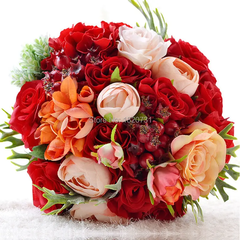 2019 Новое поступление красивые ручной работы Декоративные искусственные розы красные цветы букеты невесты цветы и зеленые листья